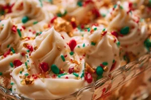 No-Bake Christmas Cookie Lasagna with layers of cookies, cream, and festive decorations