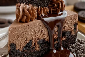 No-bake Oreo chocolate cheesecake topped with crushed Oreos and chocolate drizzle