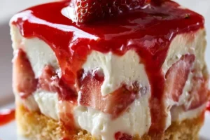 No-bake strawberry cheesecake lasagna with layers of creamy filling and fresh strawberries