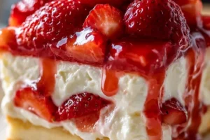 No-bake strawberry shortcake dessert topped with fresh strawberries and whipped cream