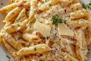 One pot creamy garlic pasta topped with parsley in a bowl