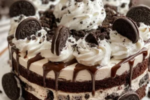 Oreo chocolate cake adorned with cookies and cream frosting