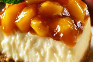 Delicious Peach Cobbler Cheesecake topped with fresh peaches and streusel.