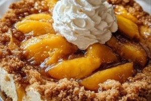 Delicious Peach Cobbler Cheesecake with fresh peaches and a buttery crust