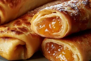 Crispy Peach Cobbler Egg Rolls served on a plate with fresh peaches