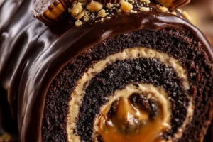 Peanut Butter Cup Chocolate Roll Cake with chocolate ganache and peanut butter topping