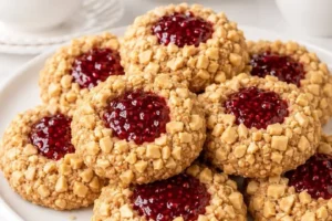 Baked peanut butter and jelly thumbprint cookies on a cooling rack