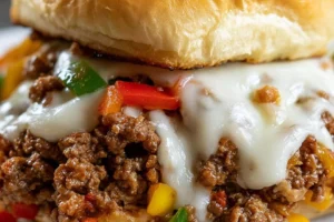 Philly Cheesesteak Sloppy Joe topped with onions and cheese on a bun