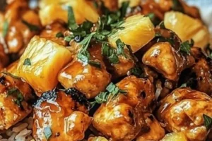 Pineapple Chicken served with rice on a white plate