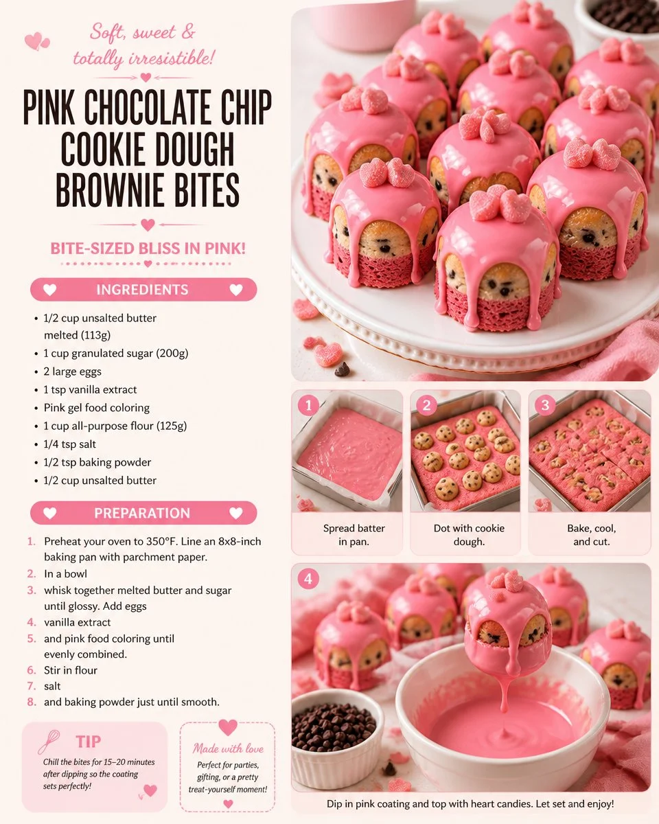 Pink Chocolate Chip Cookie Dough Brownie Bites