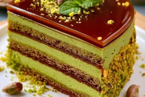 Slice of Pistachio Opera Cake showcasing layers of cream and pistachio flavor