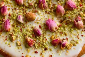 Pistachio Rose Milk Cake with decorative rose petals and crushed pistachios