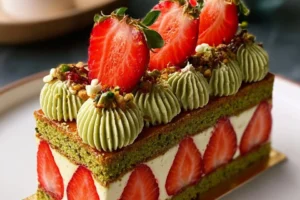 Pistachio Strawberry Layer Cake with layers of pistachio cream and fresh strawberries