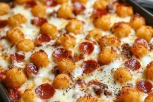 Delicious Pizza Tot Casserole with cheese, pepperoni, and crispy tater tots