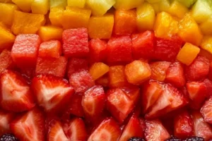 Colorful Rainbow Fruit Salad with a variety of fresh fruits served in a bowl.