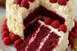 Delicious Raspberry Velvet Layer Cake with layers of rich raspberries and cream