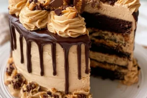 Delicious Reese's Peanut Butter Chocolate Cake with chocolate frosting and peanut butter topping
