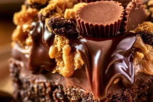 Delicious Reese's Peanut Butter Earthquake Cake topped with chocolate and peanut butter.