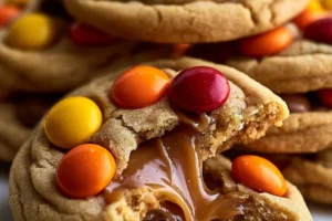 Delicious Reese’s Pieces stuffed chocolate chip cookies fresh out of the oven.