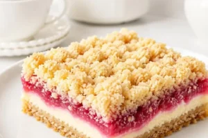 Rhubarb Cream Cheese Bars topped with a sprinkle of powdered sugar