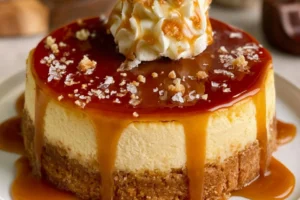 Delicious salted caramel cheesecake topped with swirls of caramel sauce.