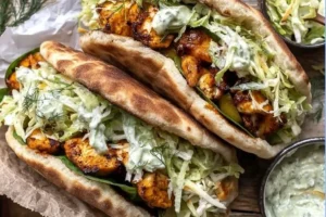 Sheet pan chicken pitas with herby ranch served on a plate