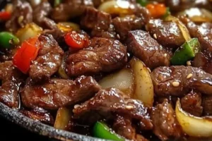 Sizzling Chinese pepper steak with onions served in a dish