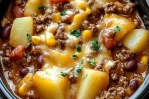 Delicious slow cooker cowboy casserole served in a rustic dish