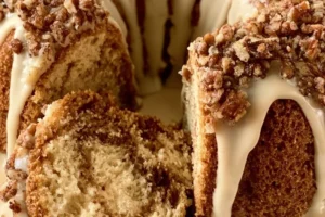 Delicious Sour Cream Coffee Cake topped with Maple Glaze on a wooden table.