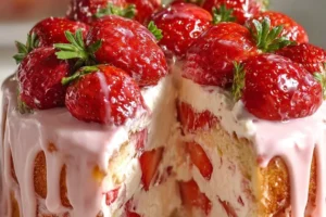 Southern strawberry cream cheese butter cake topped with fresh strawberries
