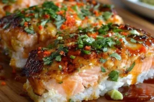 Spicy Salmon Sushi Bake topped with creamy sauce and garnished with scallions