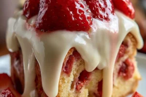 Delicious strawberry cake with creamy custard and fresh strawberries