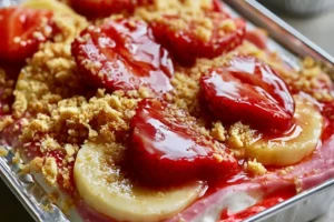 Delicious strawberry cheesecake banana pudding served in a glass dish