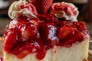 Freshly baked strawberry cheesecake dump cake with a creamy topping.