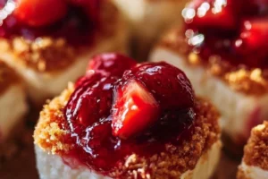 Delicious Strawberry Crunch Cheesecake Bites on a plate