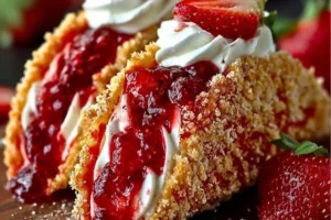 Strawberry crunch cheesecake tacos topped with fresh strawberries and crumbs.