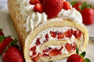 Strawberry Mascarpone Swiss Roll Cake showcasing layers of sponge and cream