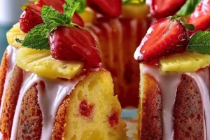 Strawberry Pineapple Pound Cake topped with fresh strawberries and pineapple slices.