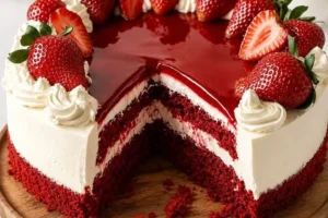 A slice of strawberry red velvet cheesecake cake topped with fresh strawberries.
