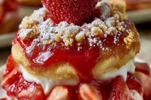 Delicious Strawberry Shortcake Doughnuts topped with fresh strawberries and cream.