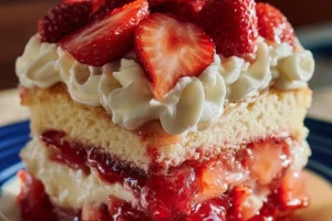 Delicious Strawberry Shortcake Earthquake Cake topped with fresh strawberries and cream
