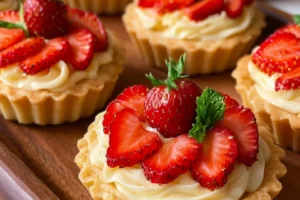 Strawberry vanilla tartlets topped with fresh strawberries and cream