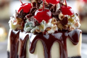 Sundae brownie cheesecake topped with chocolate and whipped cream