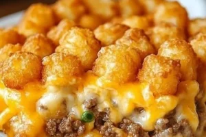 Delicious homemade Tater Tot Casserole served in a baking dish