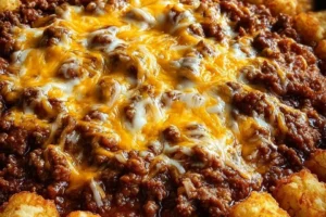 Tater Tot Sloppy Joe Skillet with crispy tots and savory beef mixture