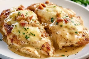 Delicious Texas Roadhouse Smothered Chicken topped with Jack Cheese