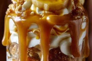 Delicious Biscoff banana pudding topped with caramel for a creamy dessert