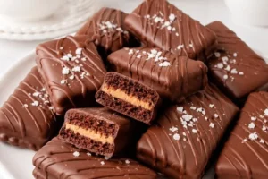 Tim Tam chocolate cookie bars stacked on a plate.