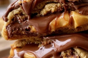 Triple Reese Peanut Butter Cookies with chocolate and peanut butter chunks