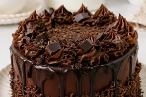 Ultimate bakery-style chocolate cake with rich chocolate frosting and decorations.